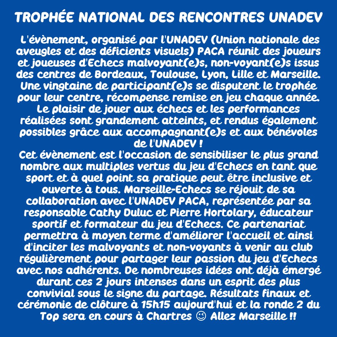 Marsechecs's tweet image. TROPHÉE NATIONAL DES RENCONTRES UNADEV
L&apos;actualité de Marseille-Echecs bât son plein ! Tandis que le Top 16 débute à Chartres le club accueille ces rencontres les 1er et 2 juin. 
#marseilleechecs #unadev #villedemarseille #mairiemarseille1_7 #mairiemarseille6_8 #bouchesdurhone