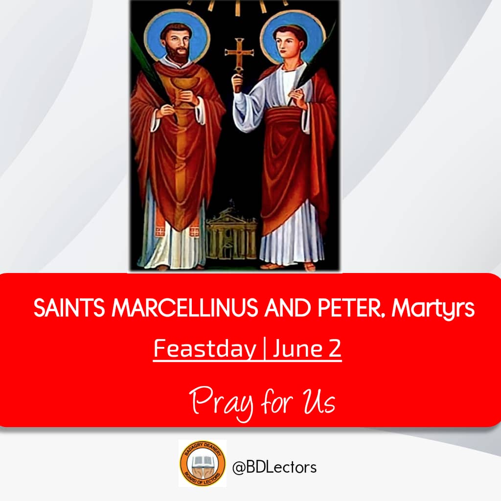 Today is Opt. Memorial of SAINTS MARCELLINUS AND PETER, Martyrs. 
St. Marcellinus was a zealous priest and St. Peter an exorcist. They were beheaded under Diocletian persecution.

Saints Marcellinus and Peter #PrayforUs