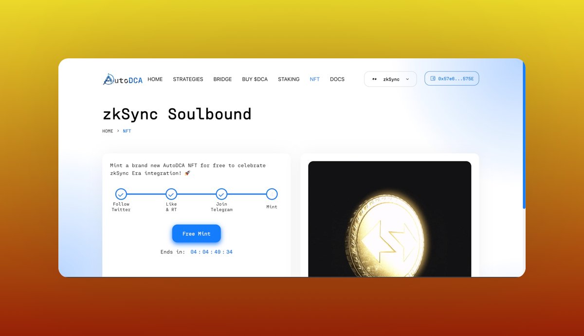Mint AutoDCA SoulBound NFT To Be Eligible For Future Rewards

→ Visit  autodca.io/nft
→ Perks: Added Zksync Transaction

→ Bonus Like & RT