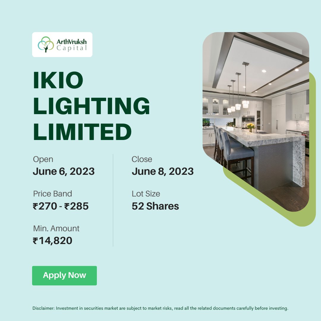 Ikio Lighting Limited IPO opens from 6th June 2023 to 9th June 2023

#IPO #IPOIndia #IPOAlert #StockMarket #Stocks #Investment #Trading #newipo #iponews #ipoalerts #equitymarket #stockmarkets #investing #stockinvesting #stockinvestments