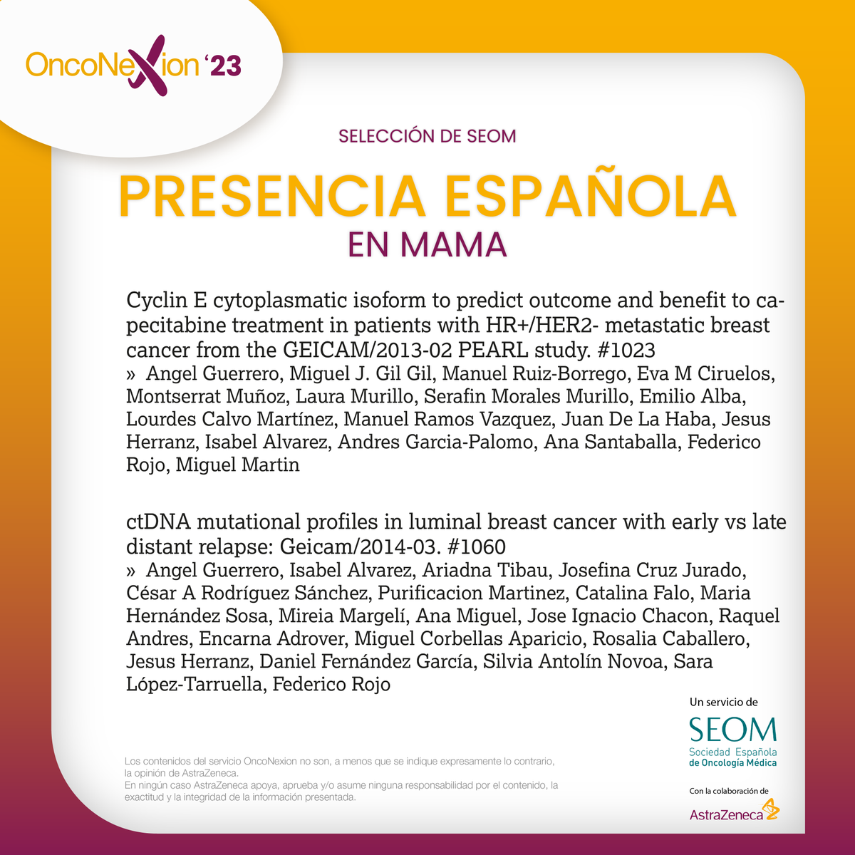 ⭕️ Participación española en cáncer de #mama en #ASCO23 seleccionados por la portavoz de @SEOM, Dra. @SoniaPernas @GEICAM @_SOLTI 

onconexion.es #OncoNexion23 @ASCO