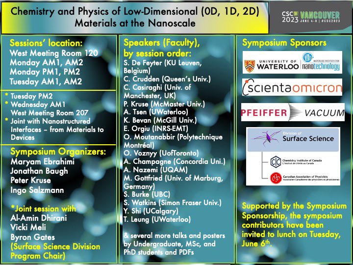 If you are going to #CSC2023 in Vancouver, don’t miss attending a great list of talks presented in our symposium.
Four students <a href="/NanoLabEbrahimi/">Maryam Ebrahimi</a> will present (talk, poster):
Milad Chagami  (PhD)
<a href="/francischemgeek/">Francis Agada</a> (PhD)
Tomasz Joks (MSc)
Noah Siegfried (HBSc)
Thanks to the sponsors