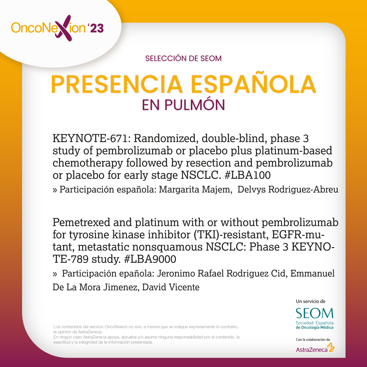 ⭕️ Participación española en cáncer de #pulmón en #ASCO23 seleccionados por el portavoz de @SEOM, Dr. Jesús Corral @gecp_org @Icapem_vida 

onconexion.es #OncoNexion23 @ASCO