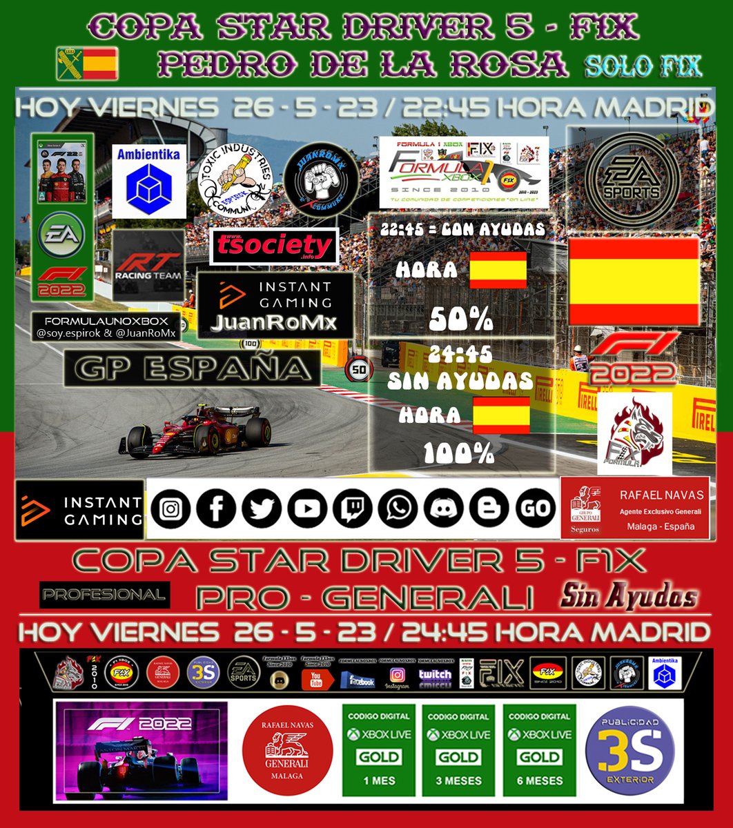 XboxFormula's tweet image. F1 22-CrossPlay
12ª Temporada
C. S. D. 5-P. de la Rosa
Hoy 2-6-23/22:45 h. España
GP España

Retransmision en Directo por Twicht
twitch.tv/formulaunoxbox
Casters en Cabina
@soy.espirok &amp;amp; @F1XJuanRoMx

Y luego 24:45 h. Madrid

C. S. D. 5-Pro Generali
SIN AYUDAS
SIMULACION
PREMIOS