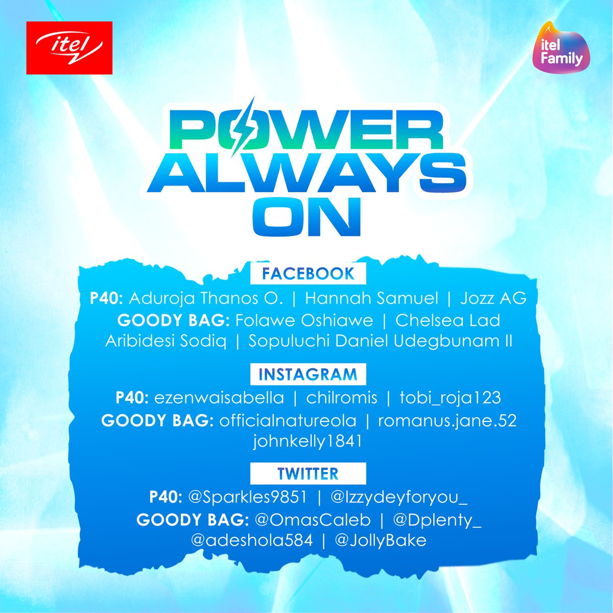 itelNigeria's tweet photo. The POWER belongs to YOU! Congratulations to our power stars. Kindly send us a DM to claim your reward.

#PowerAlwaysOn
#1ChargeFor3Days https://t.co/2vo7Vn5pAj