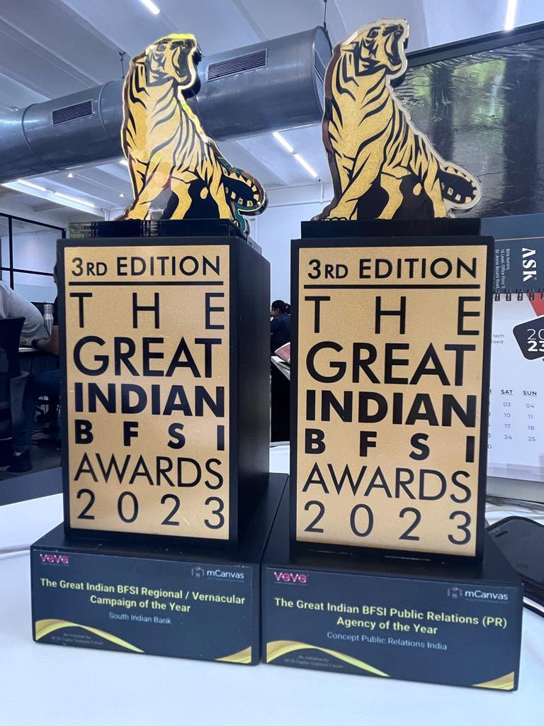 @ConceptPR_India wins the ‘Great Indian BFSI PR Agency’ of the year - 2nd time in a year and another award for the South Indian Bank Oonjal Campaign #PR #Awards #BFSI #Marketing