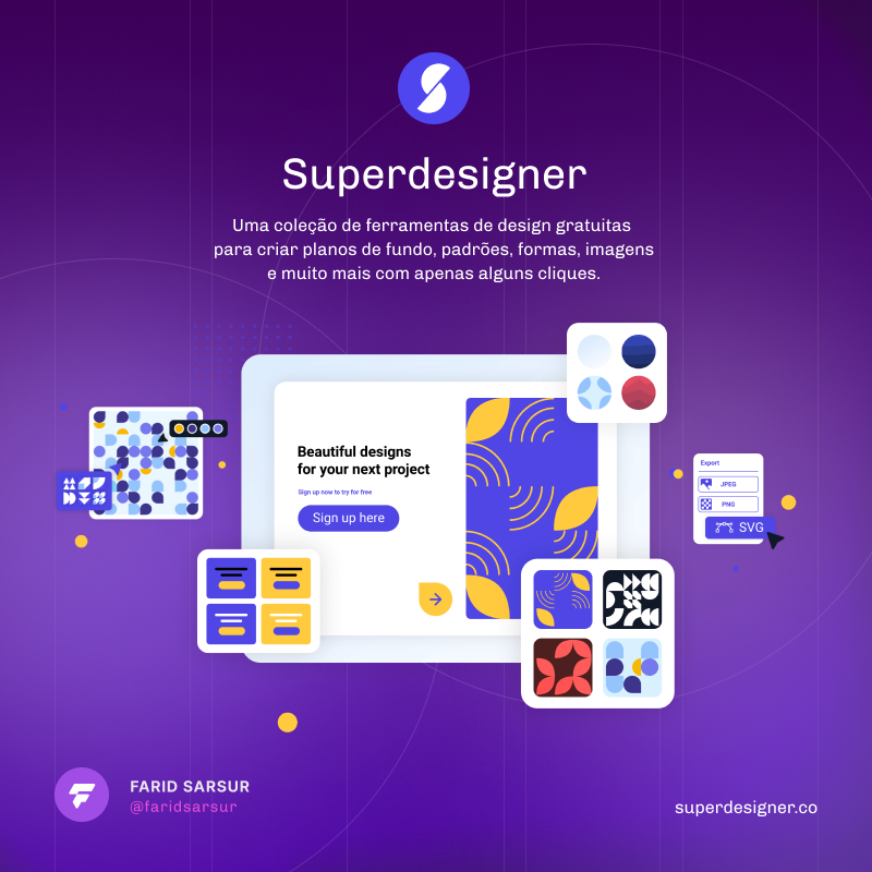 faridsarsur's tweet photo. Superdesigner - Uma coleção de ferramentas de design gratuitas  para criar planos de fundo, padrões, formas, imagens e muito mais com apenas alguns cliques. https://t.co/zfhXWbfcbS #uidesign #design https://t.co/7zHwweZ68N