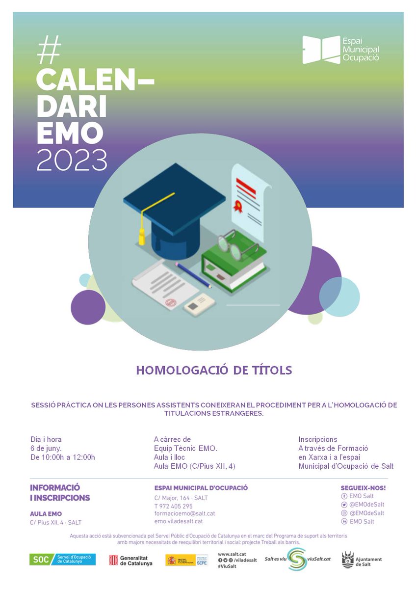 Vine a la nostra sessió pràctica on donarem a conèixer el procediment per a l'homologació de titulacions acadèmiques estrangeres. 📃💼

🗓6 de juny 
🕙De 10:00 a 12:00h
📍Aula EMO

✍Inscripcions: emo.viladesalt.cat/calendari/

#EMOdeSalt #Salt #ViuSalt