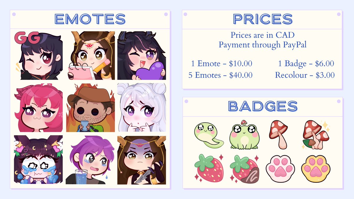 🌟 COMMISSIONS OPEN 🌟

hello!! i am reopening my commissions for summer!  

🌼1-3 weeks delivery depending on size
🌷 payments via Paypal 
🌻dm to reserve a spot or with any questions :)

#twitchemoteartist #emoteartist #commissionsopen