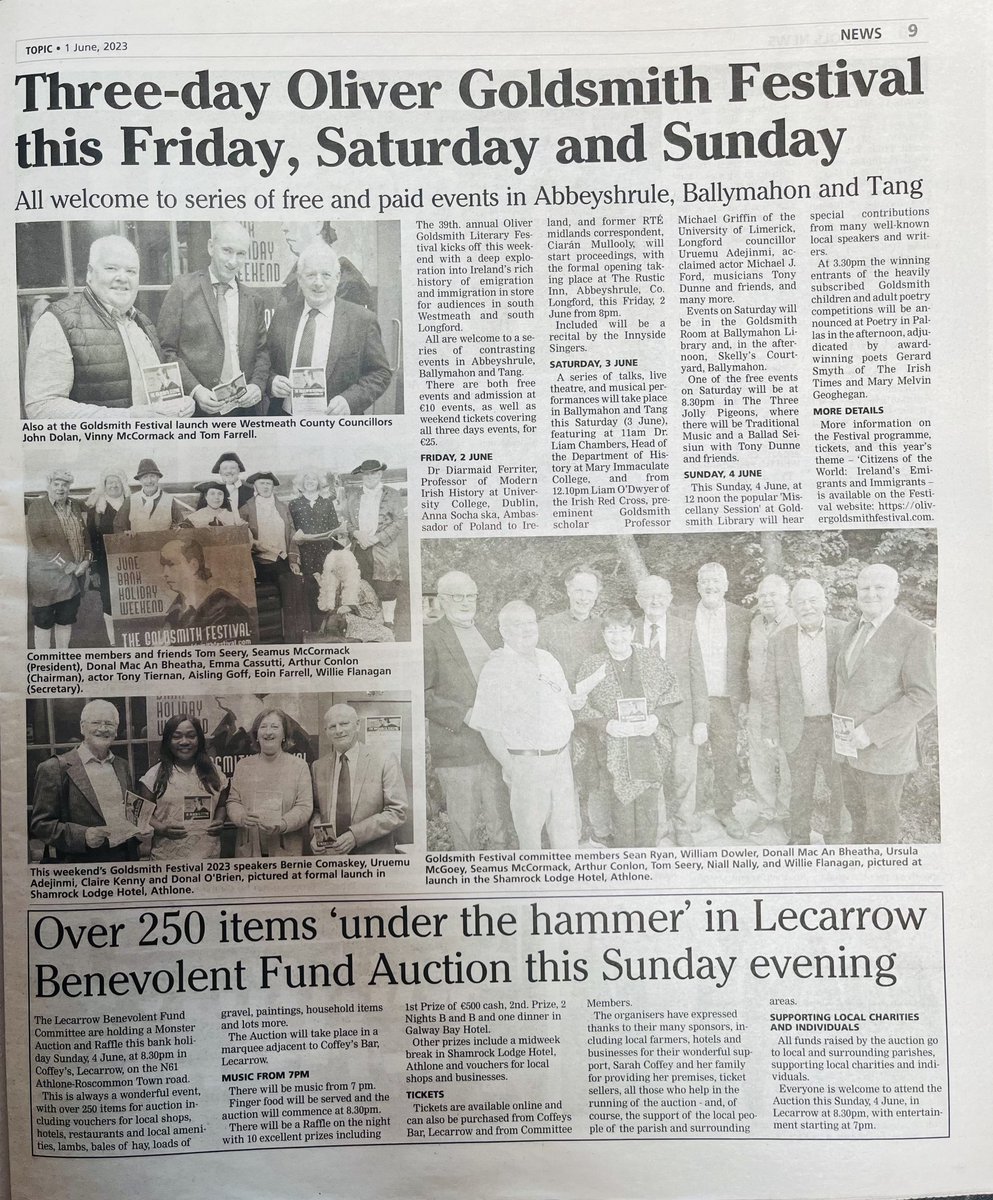 ClaireMc_C's tweet photo. We're very grateful to @westmeathtopic for covering this weekend's @Goldsmithfest in latest print and online editions. #LocalJournalism #ReadLocal #SubscribeLocal https://t.co/nlMWBuGVEm