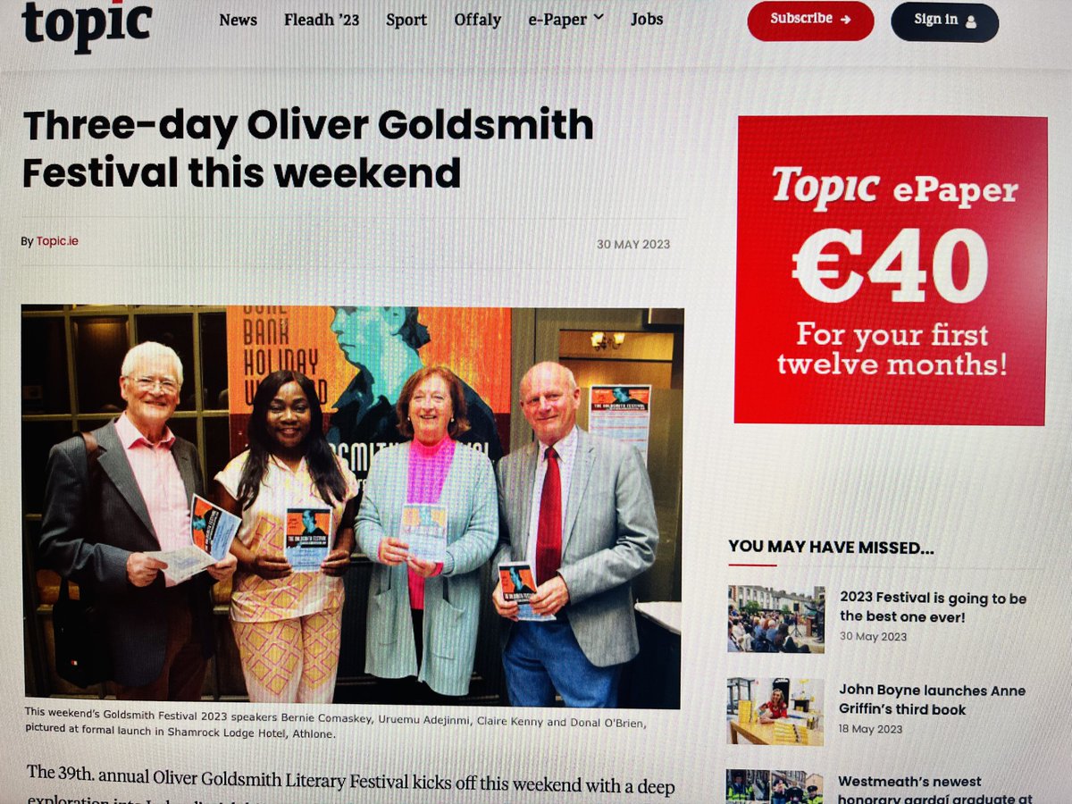 We're very grateful to @westmeathtopic for covering this weekend's @Goldsmithfest in latest print and online editions. #LocalJournalism #ReadLocal #SubscribeLocal