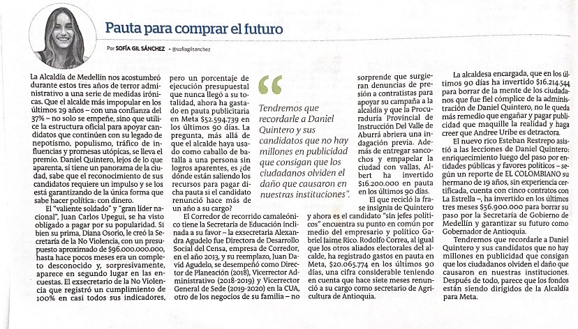 Tendremos que recordarle a Quintero y sus candidatos que no hay millones en publicidad que consigan que olvidemos el daño que causaron en nuestras instituciones. Parece que los fondos están siendo dirigidos de la Alcaldía para Meta. m.elcolombiano.com/opinion/column…