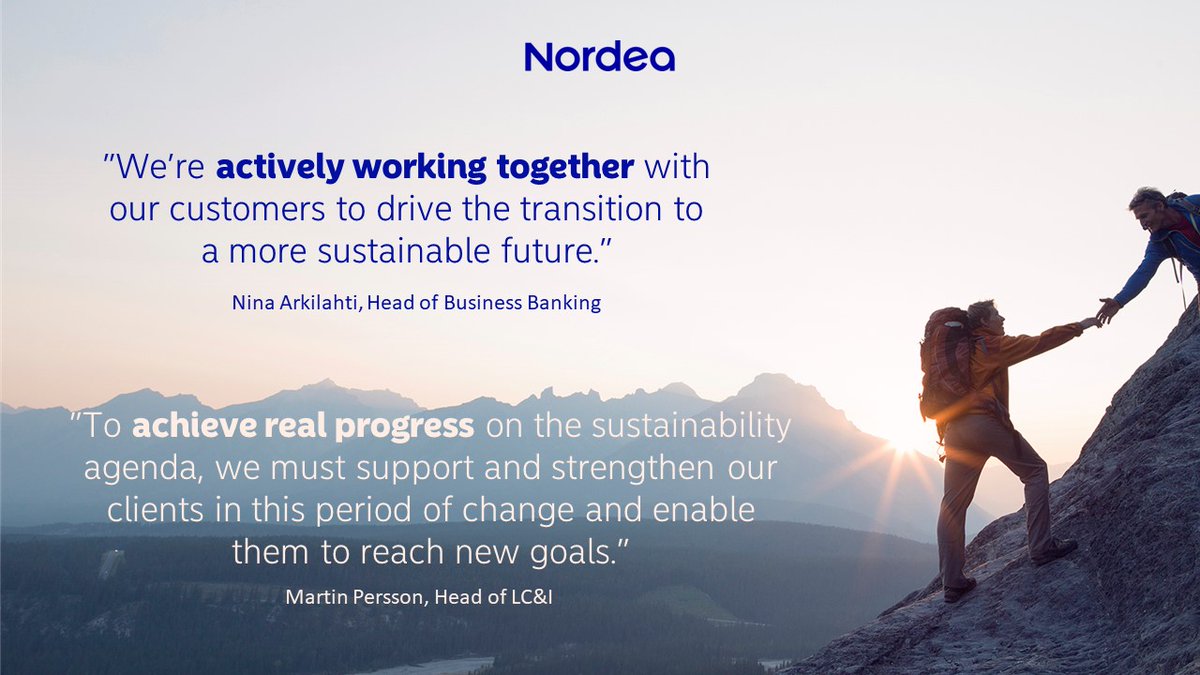 In this piece Head of Business Banking Nina Arkilahti, and Head of LC&I Martin Persson, shares a short version of what we do more in practice to support our customers in the transition: ms.spr.ly/6010gg6MI
#myNordea #SustainabilityAtNordea #ShortRead