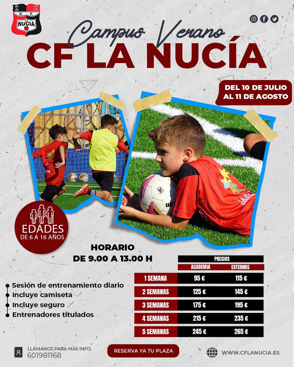 🔴🅒🅕🅛🅝🔴

𝗖𝗔𝗠𝗣𝗨𝗦 𝗗𝗘 𝗩𝗘𝗥𝗔𝗡𝗢 | 🔜

Llega el #CampusDeVerano al @cfnucia. 🔛

📆 Del 10 de julio al 11 de agosto

🕘 De 9:00 a 13:00 🕐 

👥 De 6 a 16 años

👨‍🏫 Entrenadores titulados

🎁 Camiseta 

✍️ forms.gle/w8vmWVCtq3D4ed…

#JuguemosAlRojo ♥️

#ADNucía 🧬…