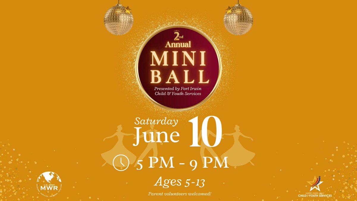 USAG_IrwinCDR's tweet image. CYS Mini Army Birthday Ball is 10 June! CSM Palmer and I will be the hosts. Registration is at Parent Central and ends on Thursday, June 8.