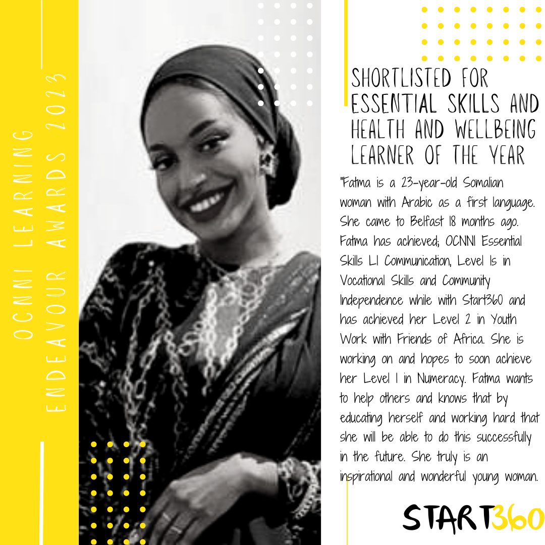 Start360org's tweet image. Fatma is shortlisted for the Essential Skills and Health and Wellbeing Learner of the Year award in the @ocnni Learning endeavour awards
#Start360 #ocnni #Belfast #Awards #learning #LearningEndeavourAwards