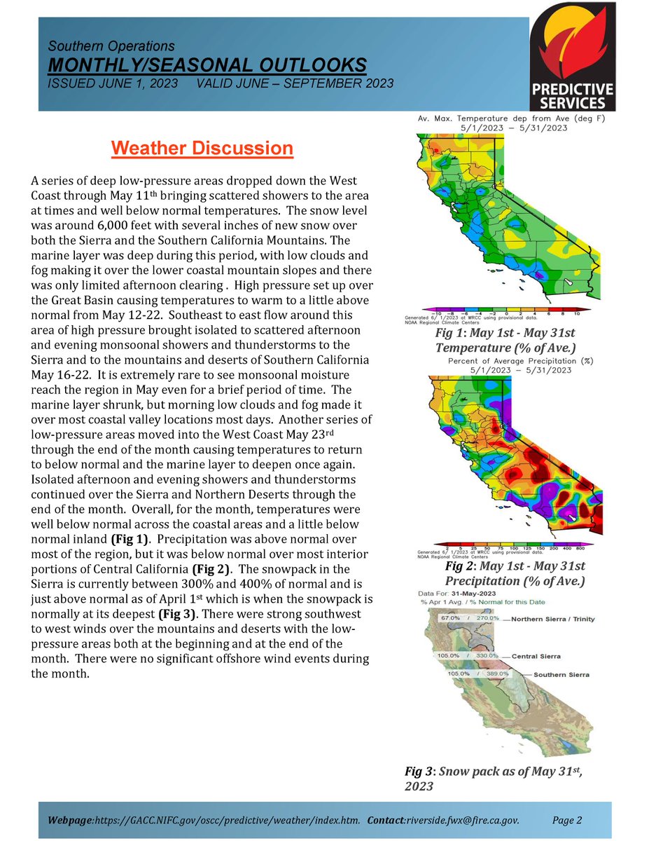 JhawkFire's tweet photo. 1/2 #SoOpsPredServ #WildfireAssessment_Outlook June to Sept 2023 #FireWeather #FireFuels #FireBehavior
https://t.co/S61aL2PW9b
@NWSLosAngeles @NWSSanDiego @NWSSPC @NWS_IMET_OPS @RichIMET https://t.co/KJCiK8Eukv