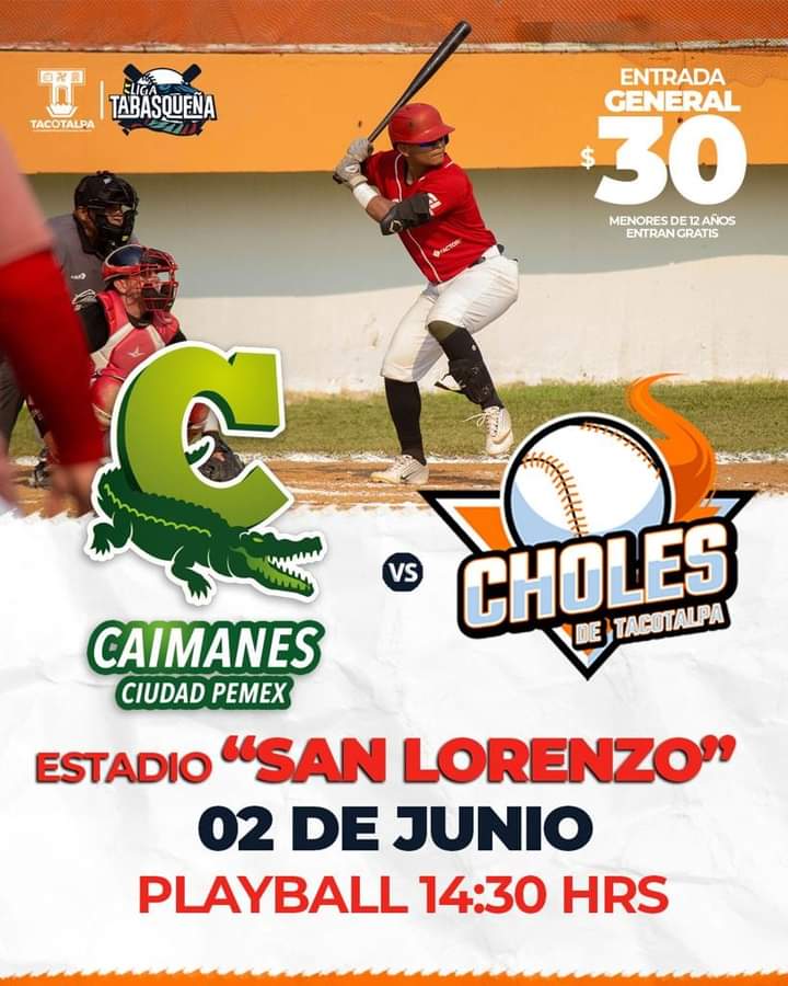 Hoy no te pierdas el partido de béisbol entre Caimanes CD. Pemex y Choles Tacotalpa.

Te esperamos en punto de las 2:30 p.m. en el Estadio San Lorenzo. 

Niños menores de 12 años, entran GRATIS, entrada general $30 pesos. 

#GobiernoDeLosCiudadanos
#OrgullososDeNuestroOrigenChol