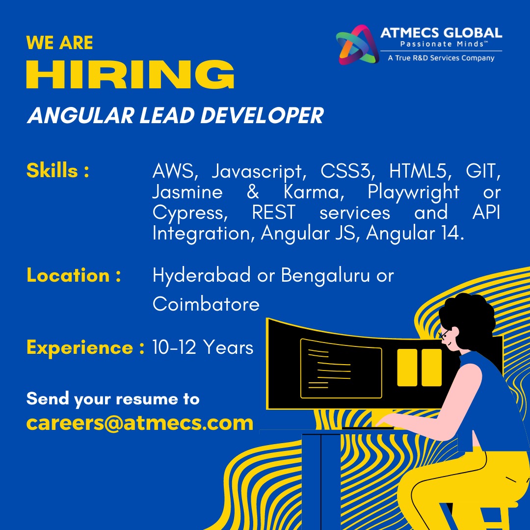 We are hiring!
#angulardeveloper #AngularJS #AngularJSDevelopment #Cypress #AWS #BengaluruJobs #bangalorejobs #hyderabadjobs #coimbatorejobs