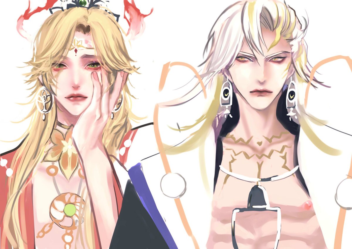 blonde hair 2boys multiple boys male focus long hair bare pectorals earrings  illustration images