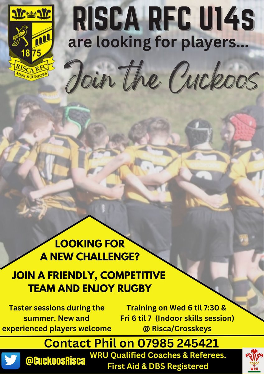 CuckoosRisca's tweet photo. Limited spaces but looking for new faces! Get down and join the u14s next season. Pre season training starting July at Pandy Park @crosskeysrfc .Great training facilities, indoor and out door winter training including gym sessions 💪🏼
Get in touch for more info .@DRA_Community https://t.co/c0p2X9lWVm