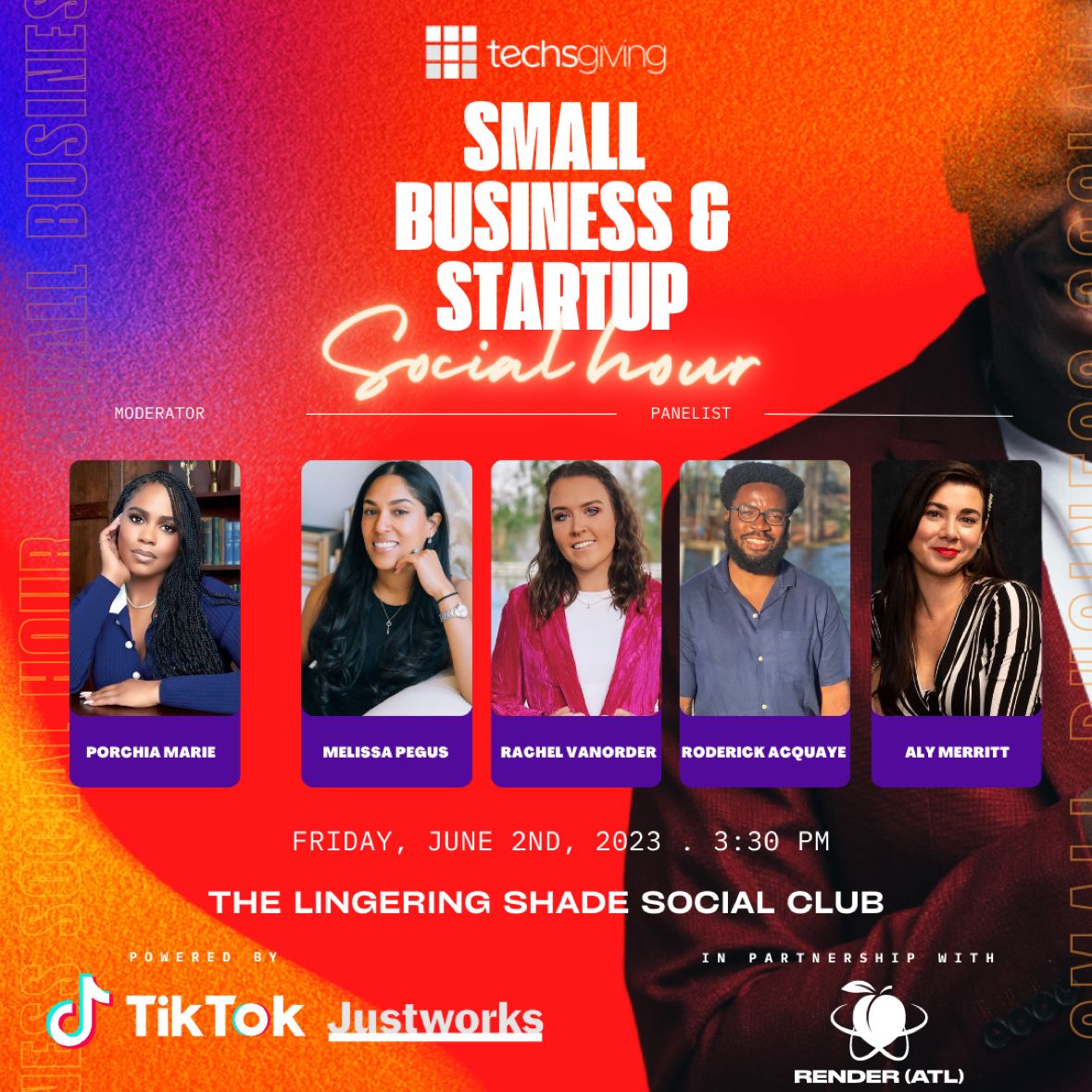 Joining @MelissaPegus, Porchia Marie, Roderick Acquaye & Rachel VanOrder today at @techsgiving #RenderATL23. We'll be talking about scaling & marketing small businesses & startups via social. 

lnkd.in/gh-Cx38w

(Thx to @TikTokBusiness  & @justworks for the sponsor!)