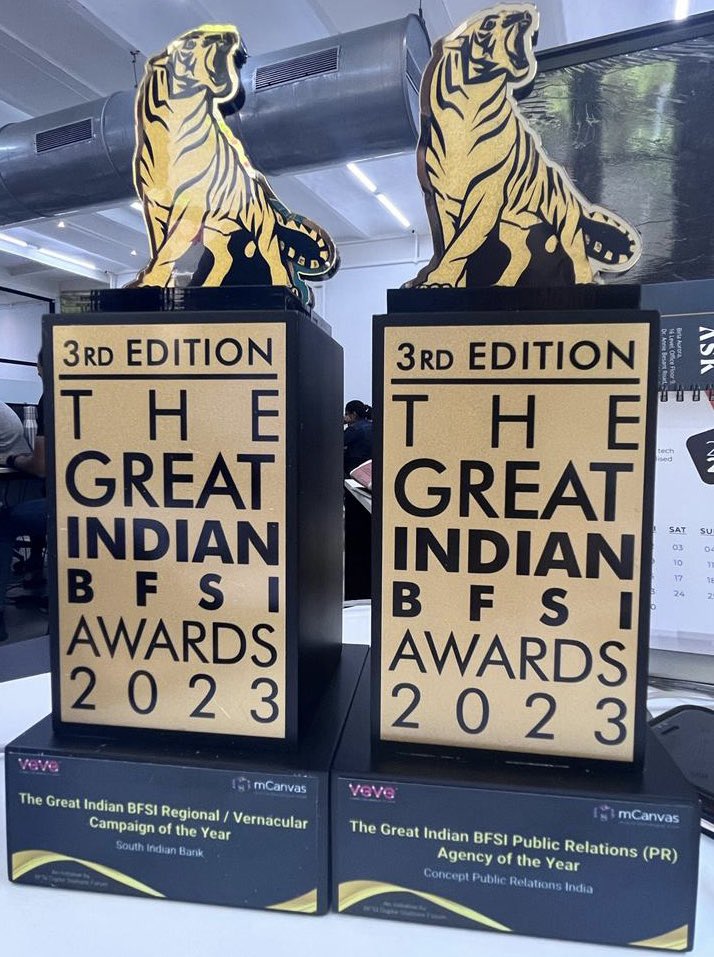 It's a double sweep for #ConceptPR at #TheGreatIndianBFSIAwards 2023. For the second time in a row, we bagged The Great Indian BFSI Award 2023 for PR Agency of the Year. We were also recognised for the Vernacular Campaign of the Year. Kudos to our team and let’s keep them coming!