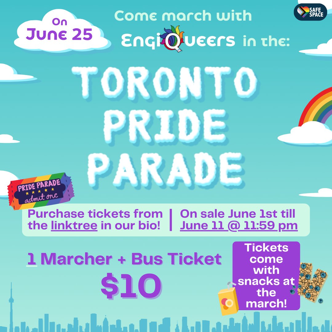 We are excited to announce that McMaster EngiQueers will be marching in the Toronto Pride Parade! 🏳️‍🌈 Tickets to join us in the march are available for McMaster students and faculty until June 11th and can be purchased through the link in our LinkTree.