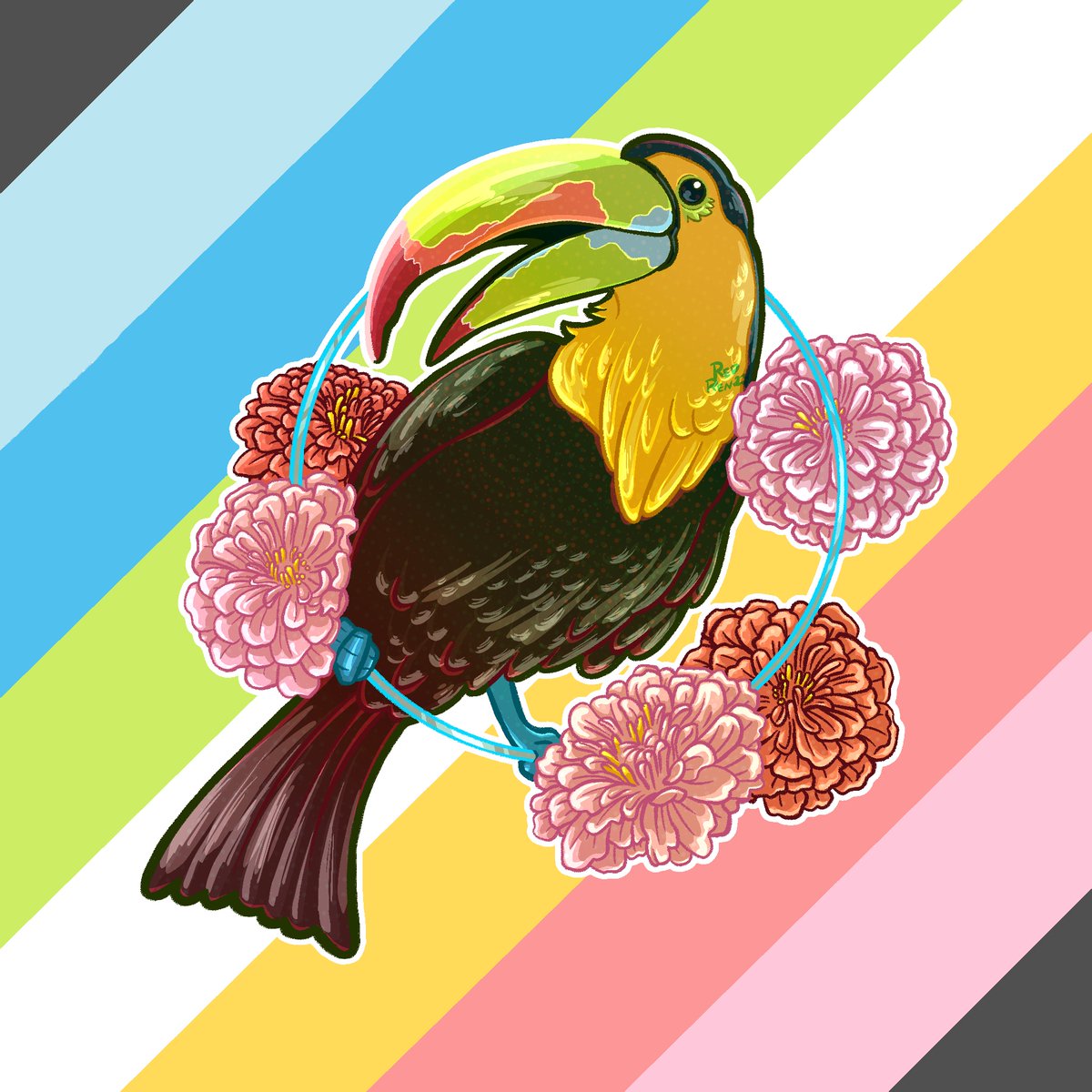 Happy Pride Month!! 🏳️‍🌈

Todays piece represents the overall Queer community with the their own rainbow flag behind a Keel-billed Toucan and some Zinnias.

We can't wait to share them all. Check our Etsy shop for stickers/prints of each piece!

#pride #pridebirds #queerpride