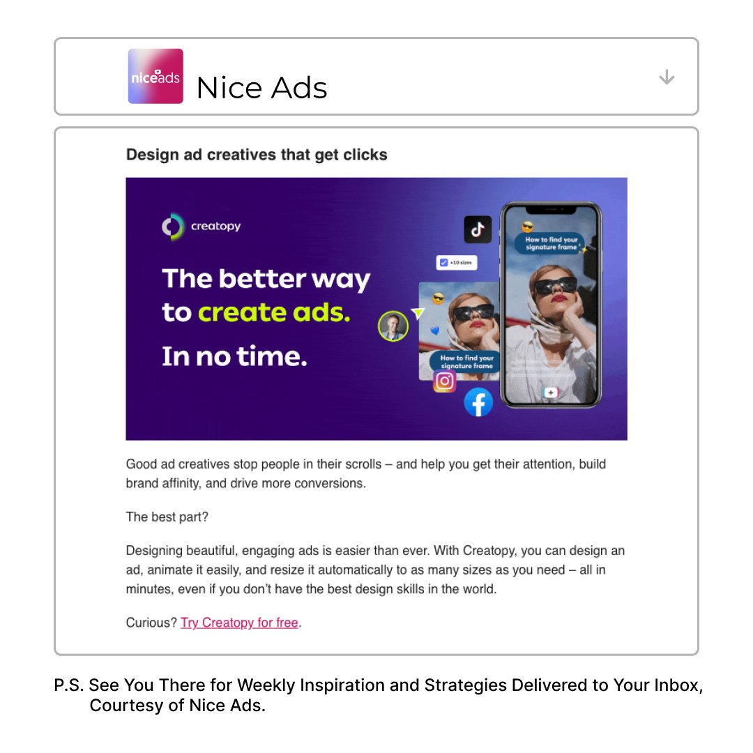 the_brief_ai's tweet photo. 📣 Calling all ad design enthusiasts! 🚀 We're thrilled to be featured in Nice Ads Newsletter! Join the vibrant community led by @sourfraser. Share ideas, inspire, and support each other for weekly ad wisdom. Trust us; you won't regret joining! 💌💡 #NiceAds #Creatopy #AdDesign https://t.co/HAbOS0zVxF