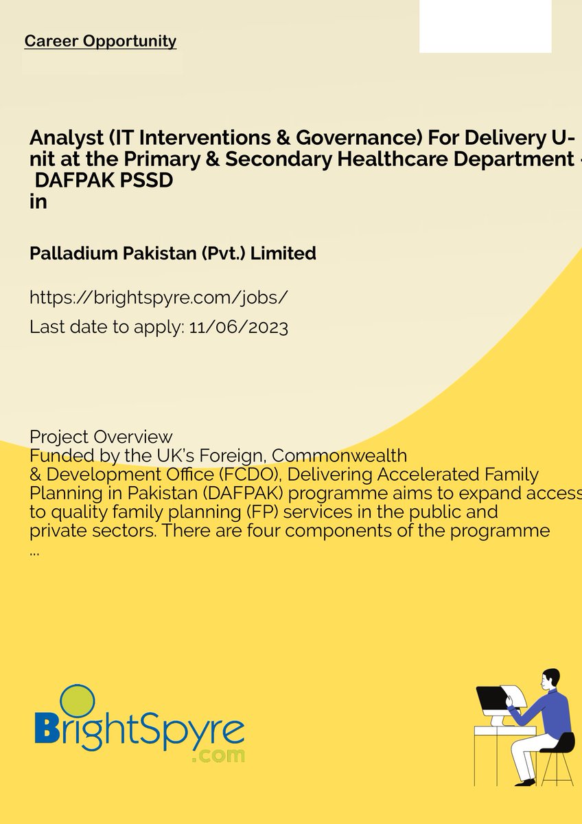 Palladium Pakistan (Pvt.) Limited is Looking for Analyst (IT Interventions & Governance) For Delivery Unit at the Primary & Secondary Healthcare Department - DAFPAK PSSD... Apply now: https://resume.b