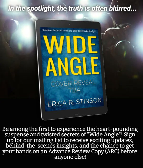authorericarsti's tweet image. 📚✨ Exciting Book Update! ✨📚

Get ready for a thrilling June as I prepare to unveil the mesmerizing cover of &quot;Wide Angle,&quot; my upcoming psychological thriller coming this Fall! Stay tuned for the big reveal! 

#BookUpdate #CoverReveal #WideAngle #BetaReaders #ARCopportunities
