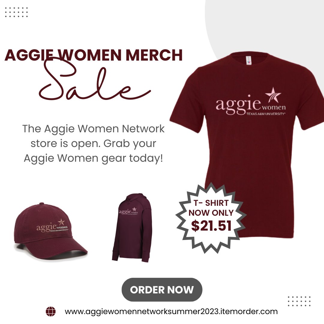 Show your Aggie Women spirit and shop our new merchandise at  …womennetwork-summer2023.itemorder.com/shop/home/. The merchandise portal closes soon, so order now and share the link with your friends and family. #Aggiewomen #Wegotspirit #Merch