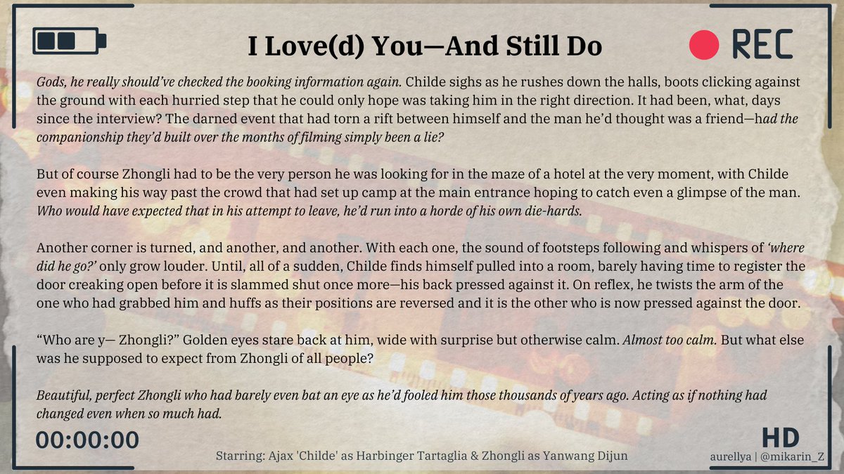 I Love(d) You—And Still Do

❀ For <a href="/ttlanthology/">Goldenrod ✦ A Tartali Anthology</a>  
❀ Rising star Childe and popular veteran Zhongli celebrity rivals to lovers AU (or at least that's what the media says... for now)

archiveofourown.org/works/47600671

#tartali #タル鍾 #公钟