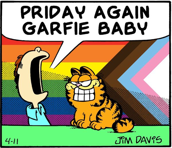 meeplewich's tweet photo. It's the first #Friday of #PrideMonth, so... #Priday? 
Celebrate with... lasagna and naps, I guess? 
🏳️‍🌈😸
#Pride #PrideMonth2023 #Garfield #JonArbuckle https://t.co/v6CyxvLDbC