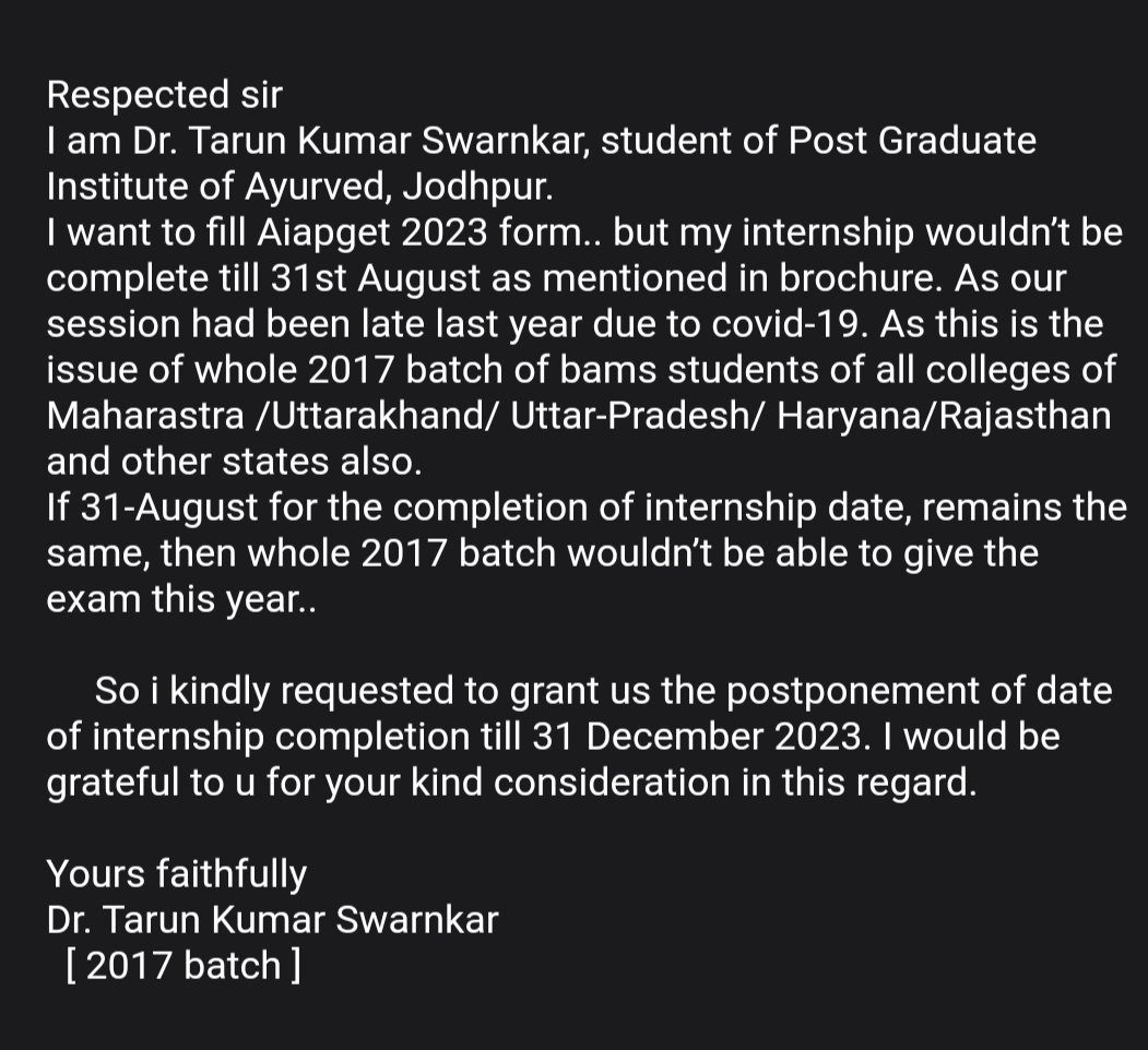 Respected sir
I am Dr. Tarun Kumar Swarnkar, student of Post Graduate Institute of Ayurved, Jodhpur.
I want to fill Aiapget 2023 form.. but my internship wouldn’t be complete till 31st August as mentioned in brochure @DG_NTA <a href="/moayush/">Ministry of Ayush</a> <a href="/ncism_india/">NCISM</a>