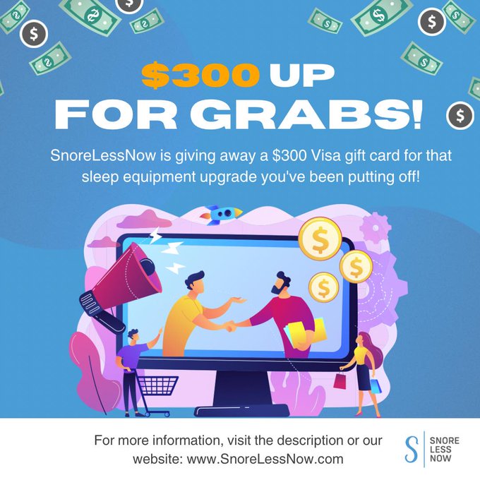FreeStuff2Win's tweet image. #Contest:  From @SnoreLessNow, enter by 7/14 for a chance to win a $300 VISA gift card.

amze.me/qqZnY