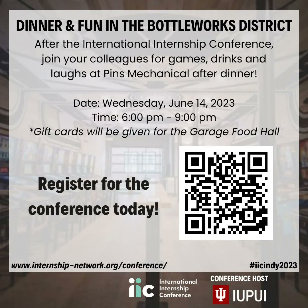 After the International Internship Conference, join your colleagues for games, drinks and laughs at Pins Mechanical after dinner! Learn more about the 2023 International Internship Conference here: buff.ly/40QiUM4 #iicindy2023 #internships #internationalinternships
