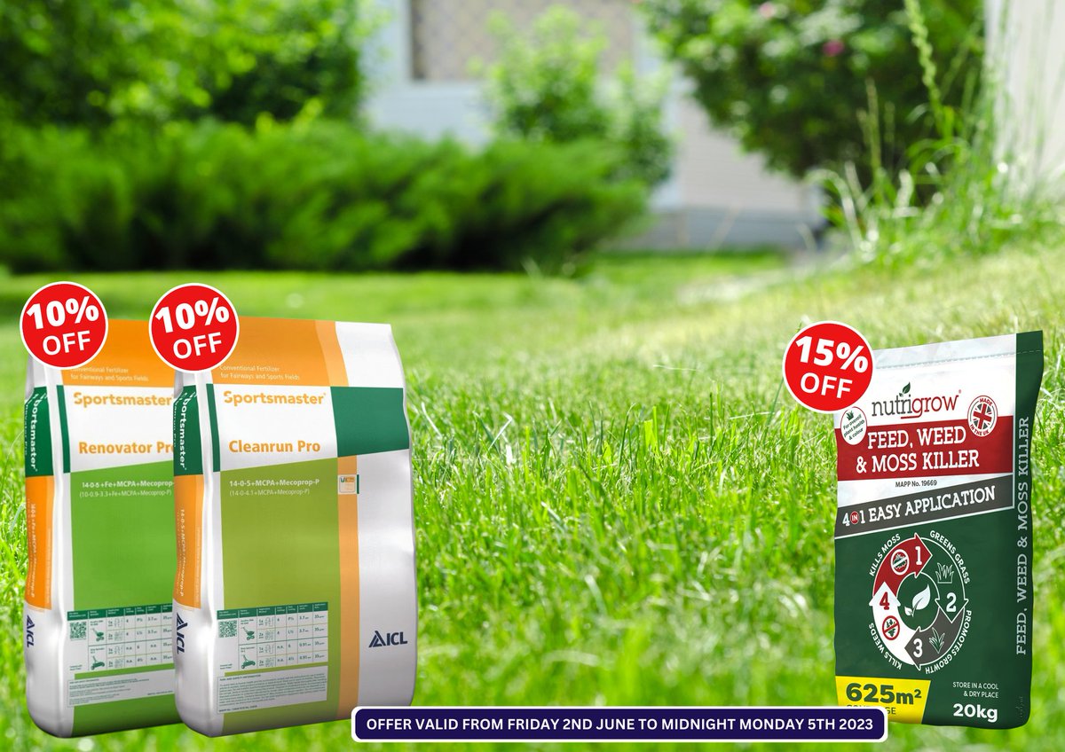 AgrigemLtd's tweet photo. With June finally here it is the perfect time to perk up your lawn and get rid of any unwanted weeds in your lawn this summer ☀

Take a look at this weekend's Feed &amp; Weed Granular Fertiliser Offers to get the perfect lawn this summer 👉 https://t.co/hSY46Ulqxr

#setforsummer https://t.co/WvT4Q7xAru