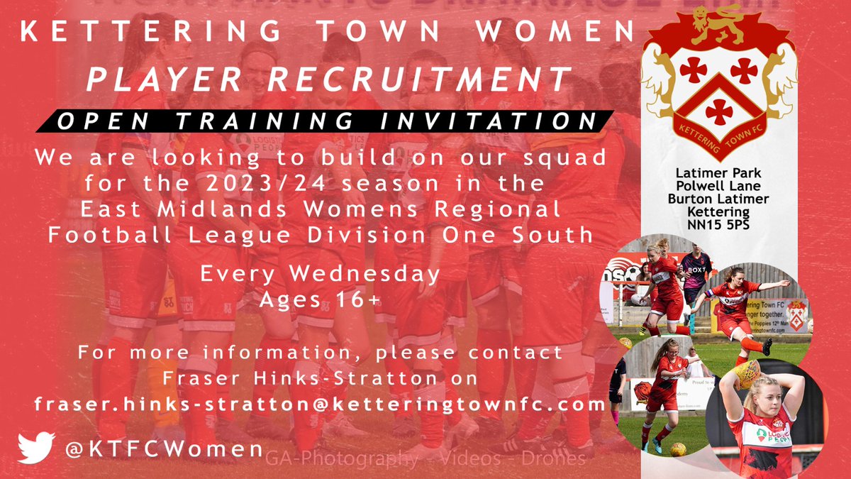 PLAYER RECRUITMENT

We are recruiting players ahead of our 2023/24 season.
We are looking to build on the progress made last season! 

If you are interested or would like more information, please message this page or email fraser.hinks-stratton@ketteringtownfc.com