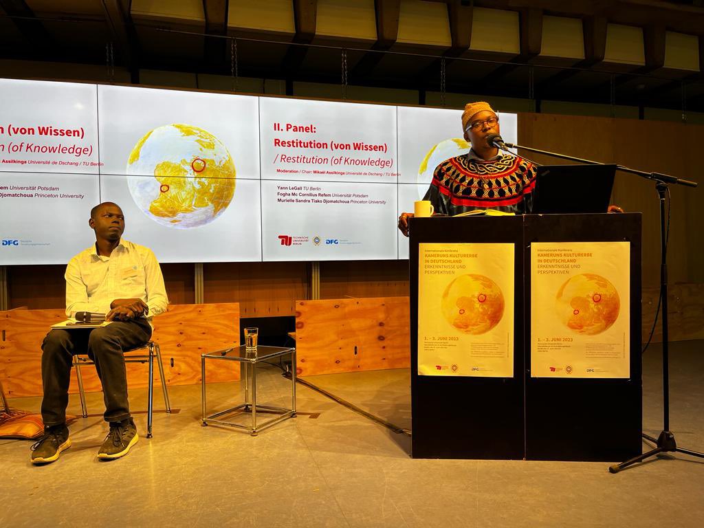 Second panel „Restitution (of Knowledge)“ with Murielle Tiako Djomatchoua, Yann LeGall and Fogha Mc Cornilius Refem, moderated by Mikaél Assilkinga