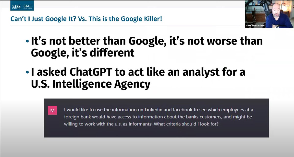 Is #ChatGPT better than Google?

Let's listen to @matt0177 to learn the differences between the two.

youtu.be/CzGyQ7sRXdo?t=…

@SANSInstitute

#OSINT #intelligence #ThreatIntel #Training #BlueTeam #CTI #cybersecurity #infosec