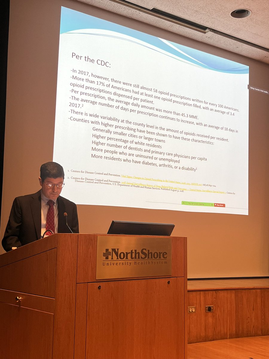 Joining my colleagues from @NorthShoreWeb Department of Medicine for Grand Rounds this morning. John Kiriklakis, MD providing an overarching but detailed update on safe prescribing: epidemiology, CDC guidelines (12 recommendations), needs for IL clinicians. <a href="/HeartOTXHeartMD/">John P Erwin III MD MBA MACC (#BigPoppy )</a>