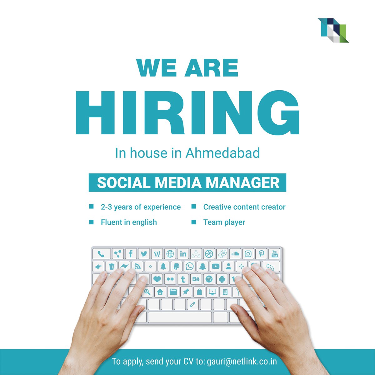 We're hiring a Social Media Manager. Ready to create, engage, and connect? Join us now.

#NetlinkIndia #wearehiring #Socialmediamanager #creativecommunity #socialmediamanagerjob #ahmedabadjobs