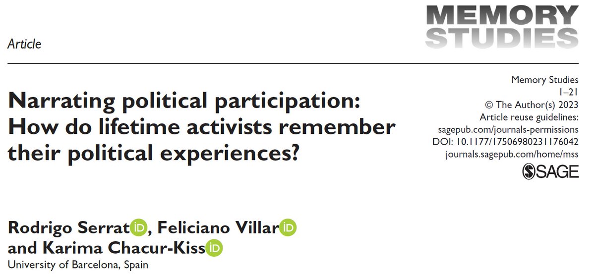 Do activists’ narratives about political experiences vary according to the type of experience described or the life stage at which it occurred? We delve into this fascinating topic in this paper, published in Memory Studies! journals.sagepub.com/doi/10.1177/17… <a href="/memorystudies/">Memory Studies @memorystudies.bsky.social</a> <a href="/GerontologiaUb/">InvestigaciónGerontologíaUB</a>