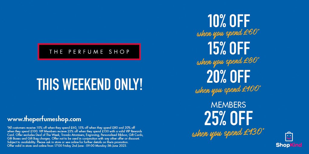 Enjoy up to 20% off £100 with our staggered discount this pay weekend. Members enjoy 25% off £130. Join today. Visit us in store #fathersday2023 #theperfumeshop #tpssc