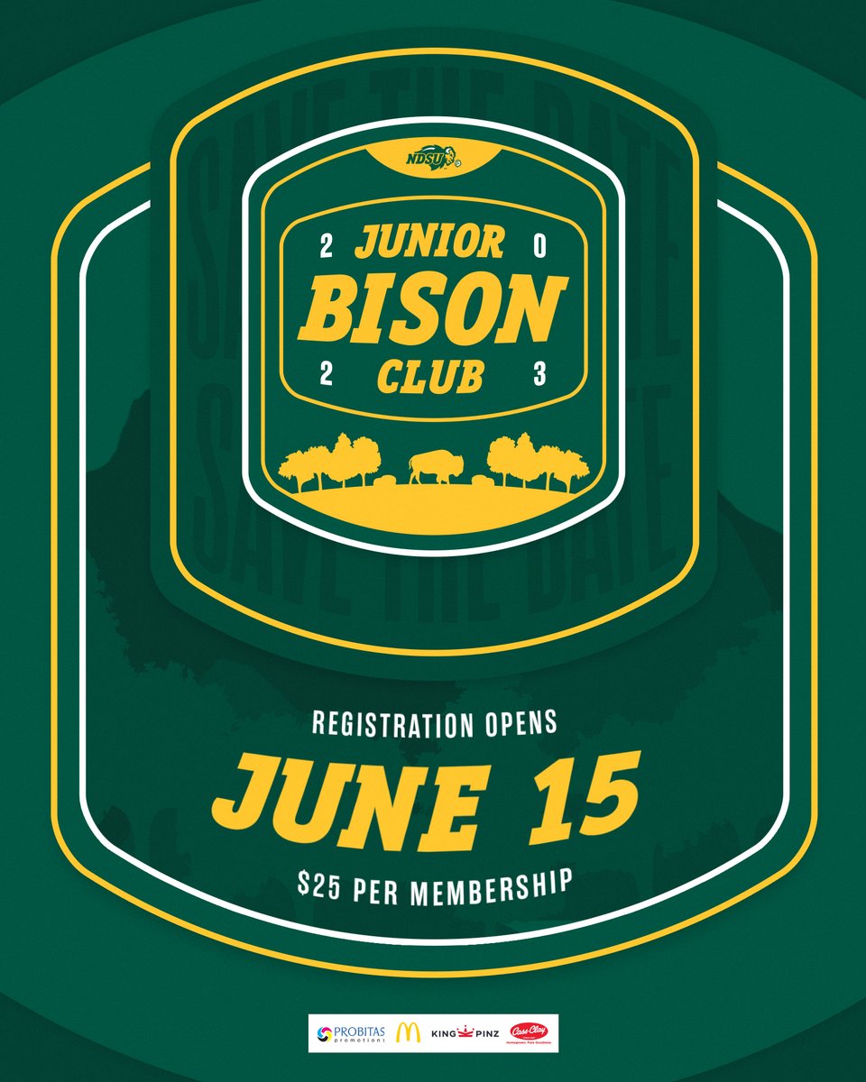 𝐒𝐀𝐕𝐄 𝐓𝐇𝐄 𝐃𝐀𝐓𝐄❗️❗️❗️

𝐓𝐡𝐞 𝐉𝐮𝐧𝐢𝐨𝐫 𝐁𝐢𝐬𝐨𝐧 𝐂𝐥𝐮𝐛 is on sale 𝐉𝐮𝐧𝐞 𝟏𝟓𝐭𝐡 and for $25 your youth can watch all Bison home events! (excluding football)

Visit GoBison.com/kids for more info 🤘