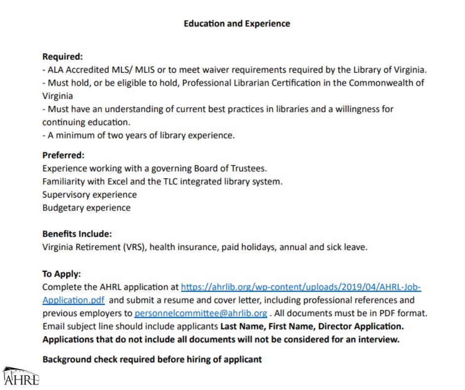 We are hiring! Please share to help us get the word out. 📣
-
#jobposting #covingtonva #librarydirector #jobsinvirginia #librarycareers #hiring #wearehiring #ahrlibrary