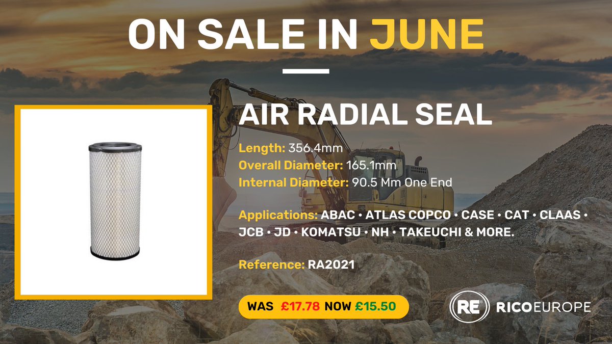 #SummerSale

Air Filter Radial Seal

Applications: #ABAC • #ATLAS #COPCO • #CASE • #CAT • #CLAAS • #JCB • JD • #KOMATSU • #NH • #TAKEUCHI & more.

Show now  ricoeurope.com/gb/radial-seal…

#AirFilter