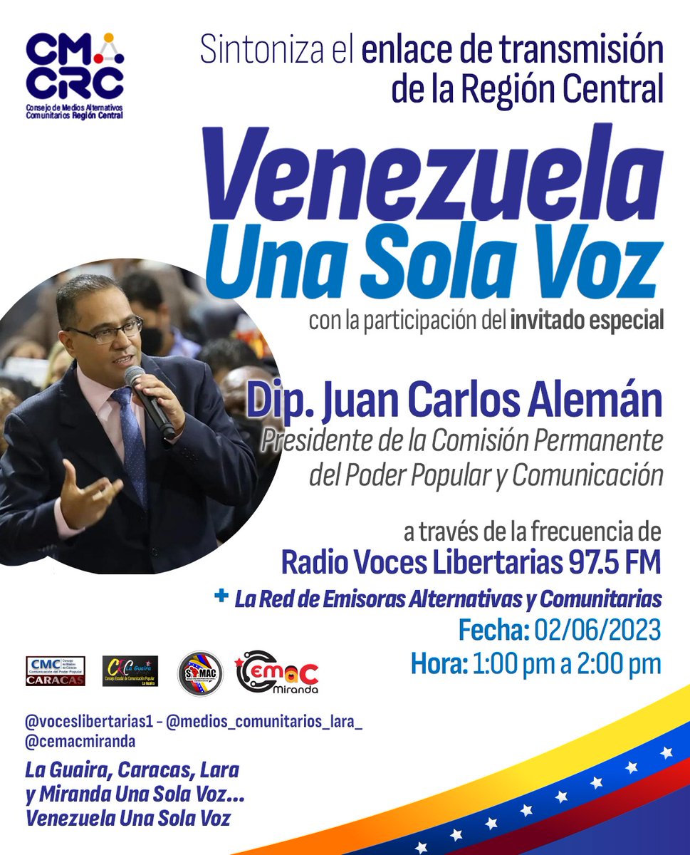TropaC4 (@tropac4_hc) on Twitter photo Sintoniza #Hoy a la 1pm
#VenezuelaUnaSolaVoz
Por la Red de Emisoras Alternativas y Comunitarias de todo el Pais.
En Entrevista con el Dip. del <a href="/PartidoPSUV/">PSUV</a> 🇻🇪<a href="/aleman72psuv/">Juan Carlos Alemán Cuenta Oficial</a>
Conecta con 📻🎙️
radiovoceslibertarias.com
.
.
.
📲 @tropaC4 <a href="/NicolasMaduro/">Nicolás Maduro</a>
<a href="/dcabellor/">Diosdado Cabello R</a>
#MirandaUnaSolaVoz Sintoniza #Hoy a la 1pm
#VenezuelaUnaSolaVoz
Por la Red de Emisoras Alternativas y Comunitarias de todo el Pais.
En Entrevista con el Dip. del <a href="/PartidoPSUV/">PSUV</a> 🇻🇪<a href="/aleman72psuv/">Juan Carlos Alemán Cuenta Oficial</a>
Conecta con 📻🎙️
radiovoceslibertarias.com
.
.
.
📲 @tropaC4 <a href="/NicolasMaduro/">Nicolás Maduro</a>
<a href="/dcabellor/">Diosdado Cabello R</a>
#MirandaUnaSolaVoz